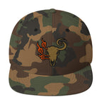 Front view of Green Camo Elk Burn Zone classic snapback hat with embroidered elk skull and flame graphic.
