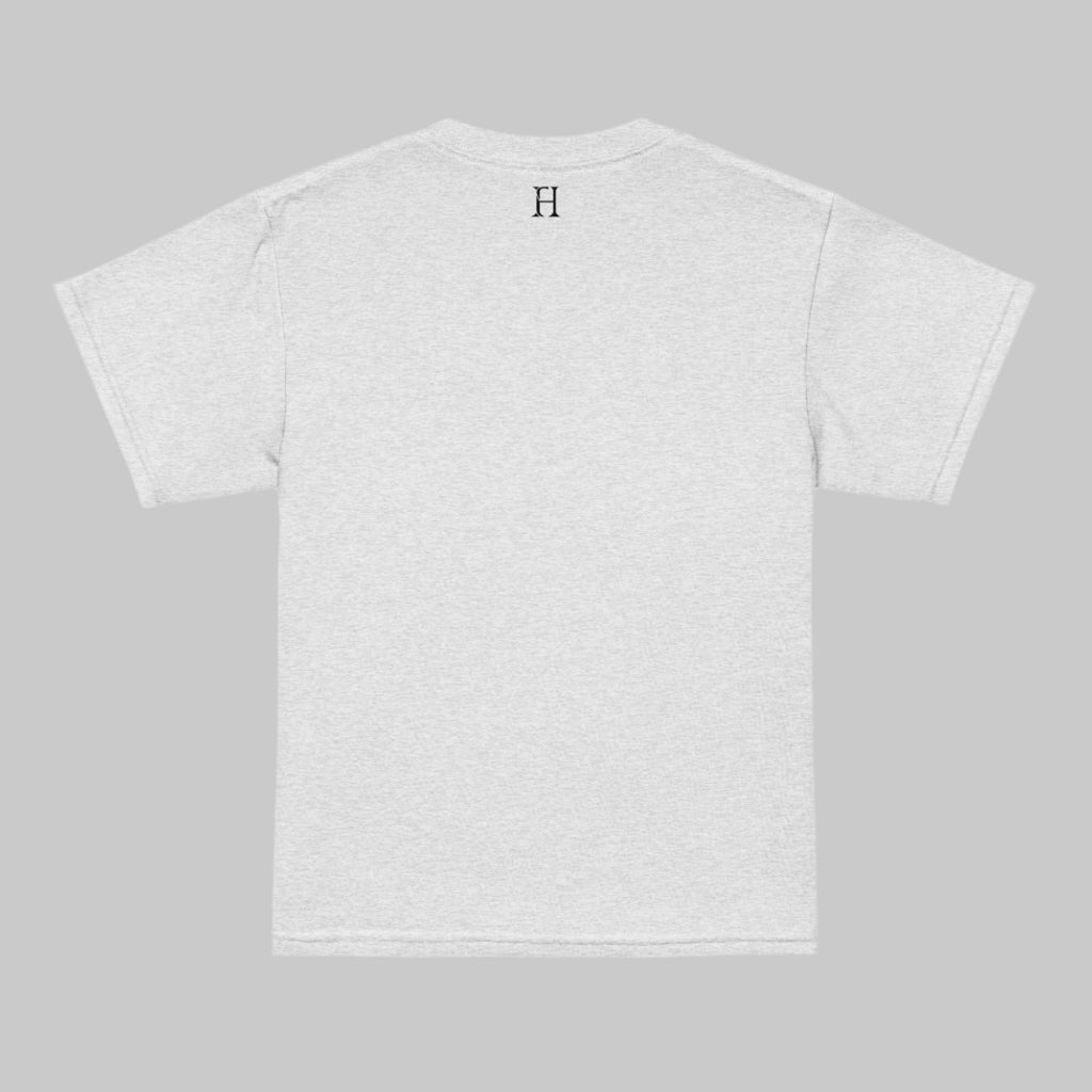 Back of Bigfoot Camo Challenge Tee in Ash with FH logo at top near collar in black.