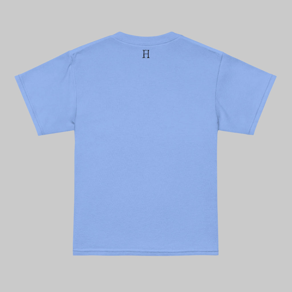 Back of Bigfoot Camo Challenge T-shirt in Carolina Blue with FH logo at top near collar in black.