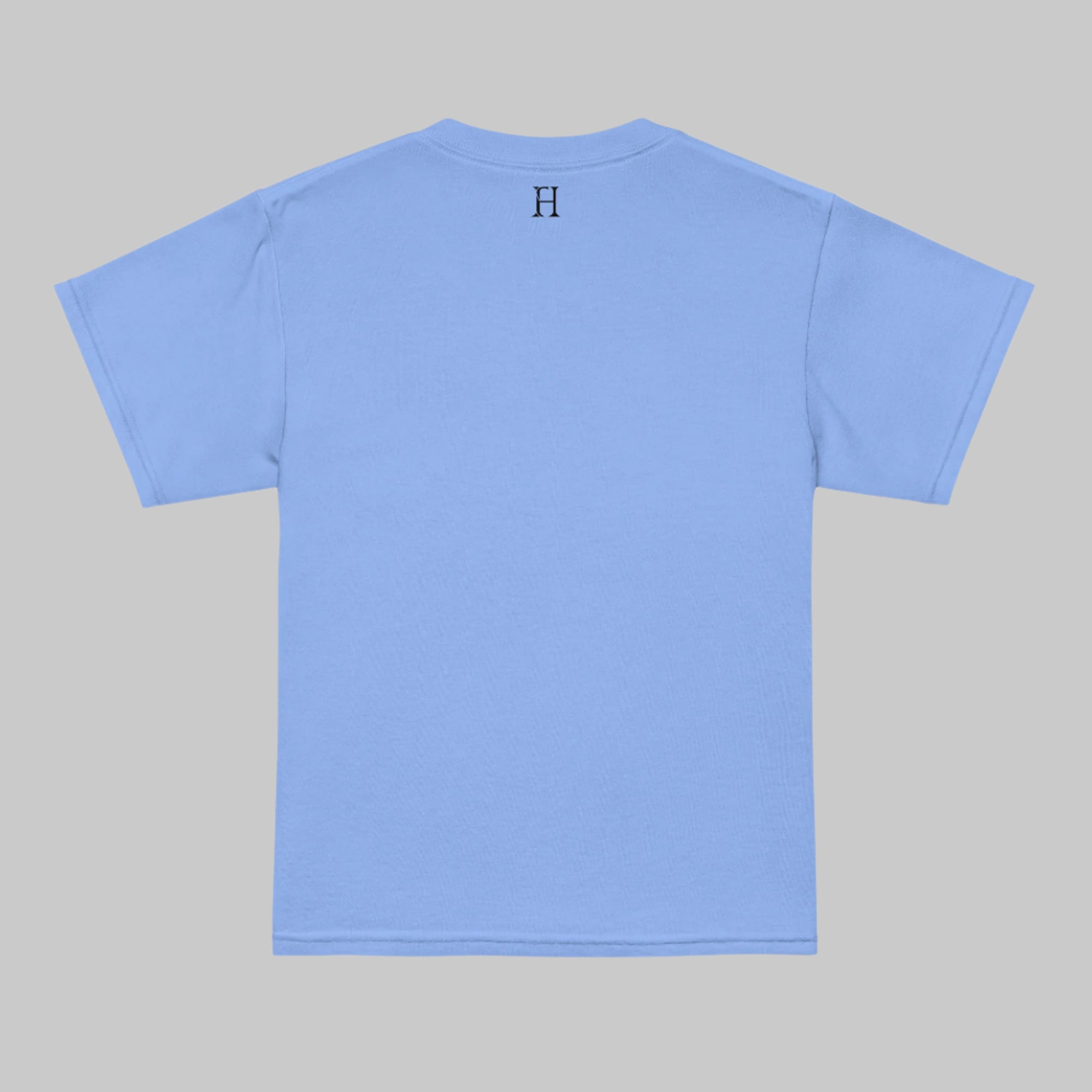 Back of Bigfoot Camo Challenge T-shirt in Carolina Blue with FH logo at top near collar in black.