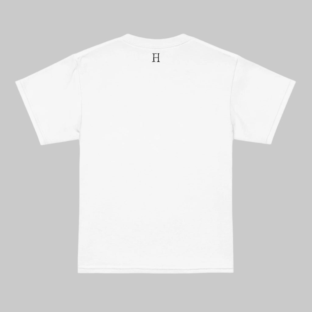 Back of Bigfoot Camo Challenge Tee in White with FH logo at top near collar in black.