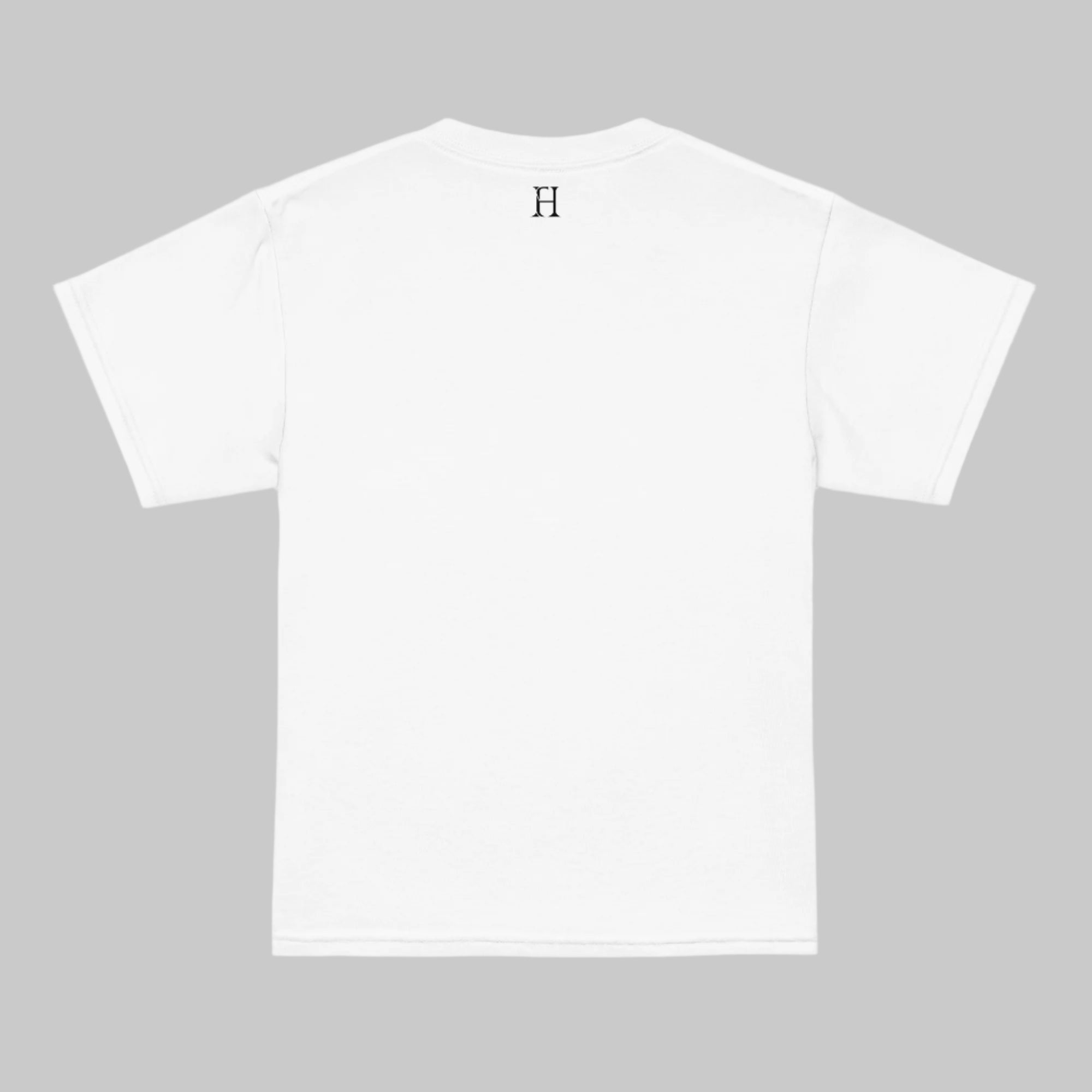 Back of Bigfoot Camo Challenge Tee in White with FH logo at top near collar in black.