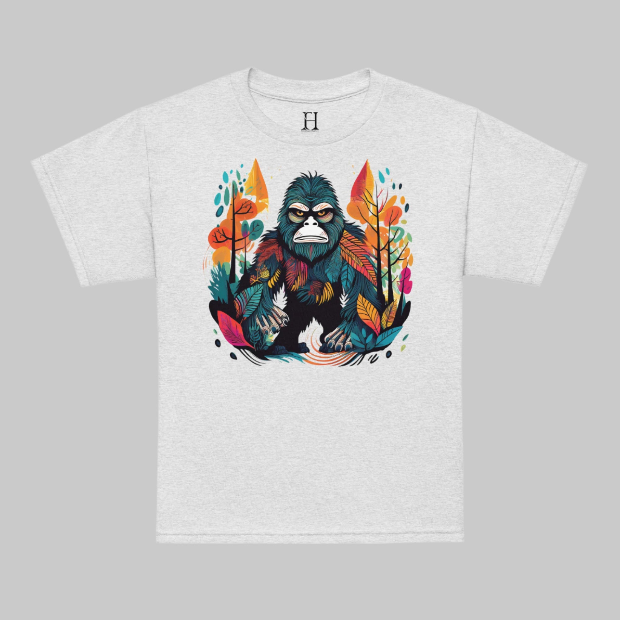 Front of Camo Challenge T-Shirt in Ash with Bigfoot design.