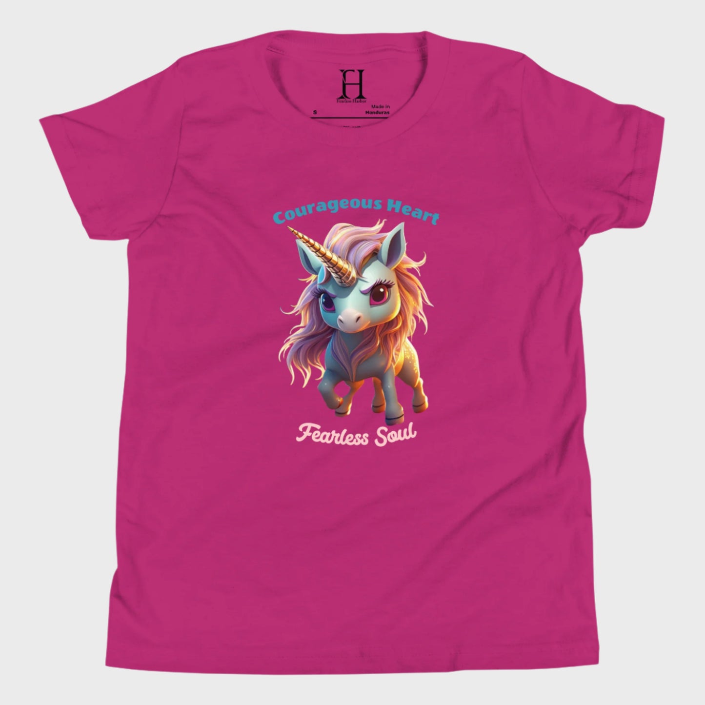 Front of Fearless Soul T-Shirt in Berry with a brave unicorn design.