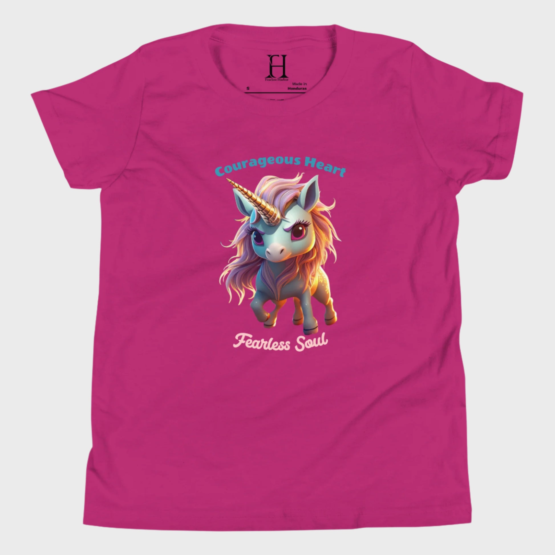 Front of Fearless Soul T-Shirt in Berry with a brave unicorn design.