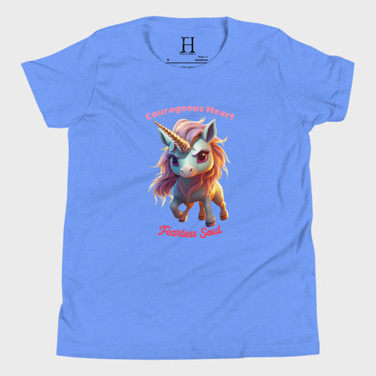 Front of Fearless Soul T-Shirt in Columbia Blue with a brave unicorn design.