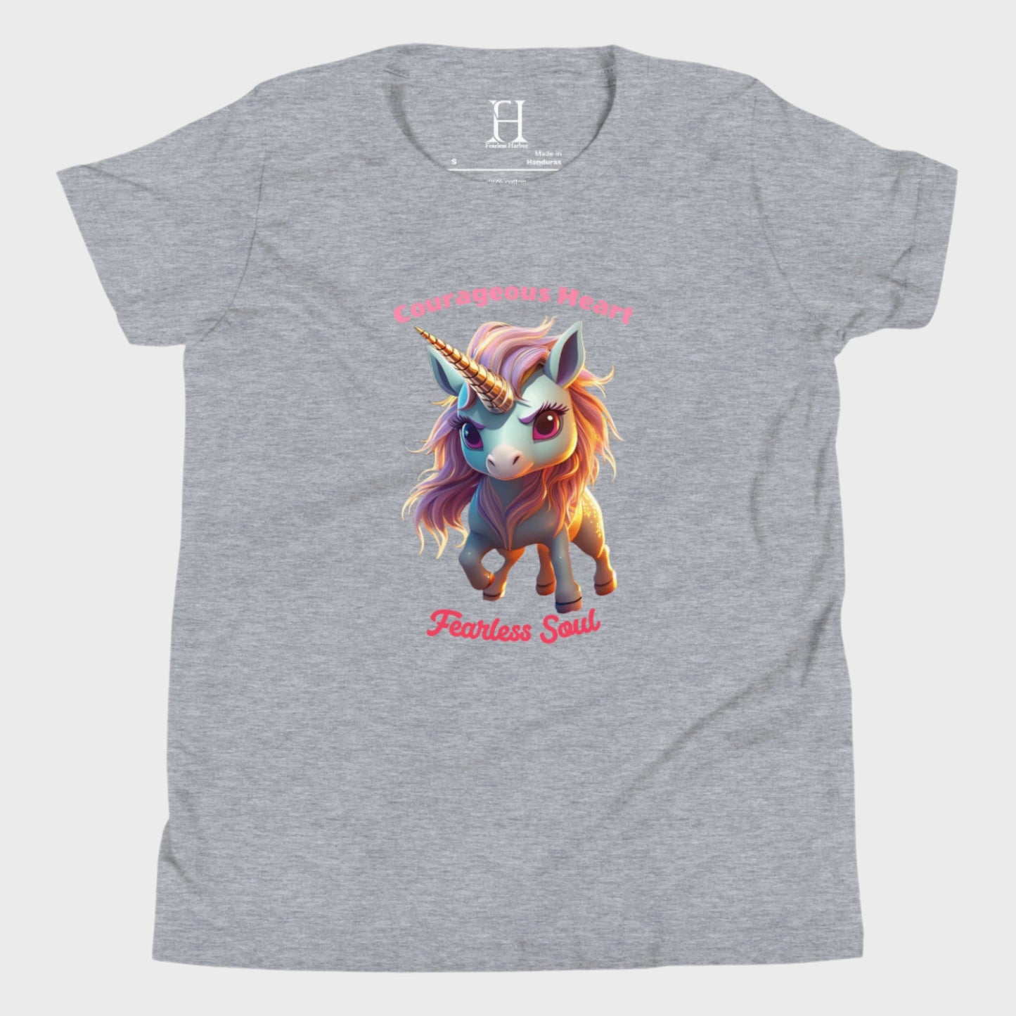 Front of Fearless Soul T-Shirt in Grey with a brave unicorn design.