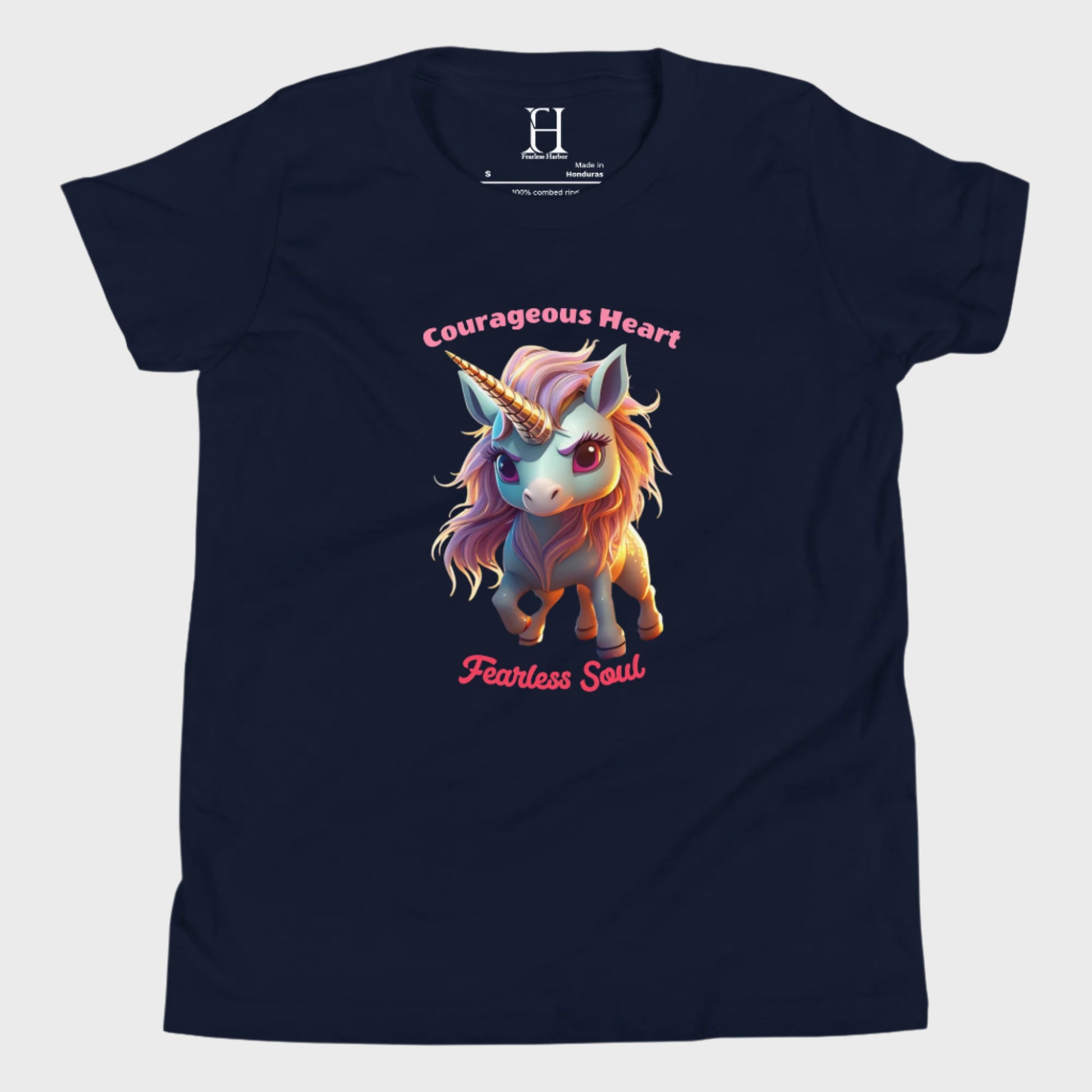 Front of Fearless Soul T-Shirt in Navy with a brave unicorn design.