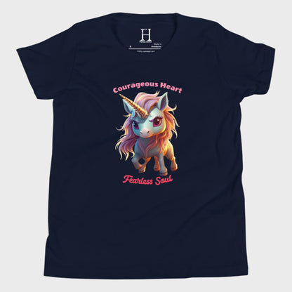 Front of Fearless Soul T-Shirt in Navy with a brave unicorn design.