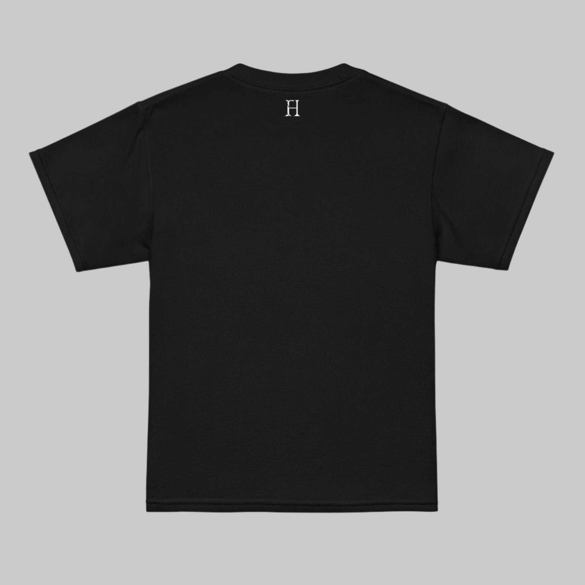 Back of Flora Flower T-shirt in Black with FH logo at top near collar in white.