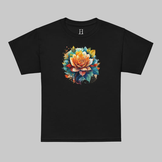 Front of Flora Vibes T-Shirt in Black with Floral Flower design.