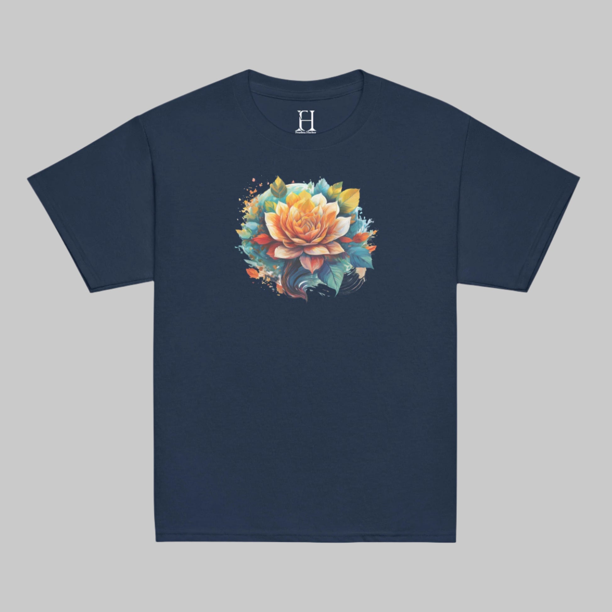 Front of Flora Vibes T-Shirt in Navy with Floral Flower design.