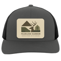 Graphite Black trucker hat showing Fearless Harbor buck patch on front panel.