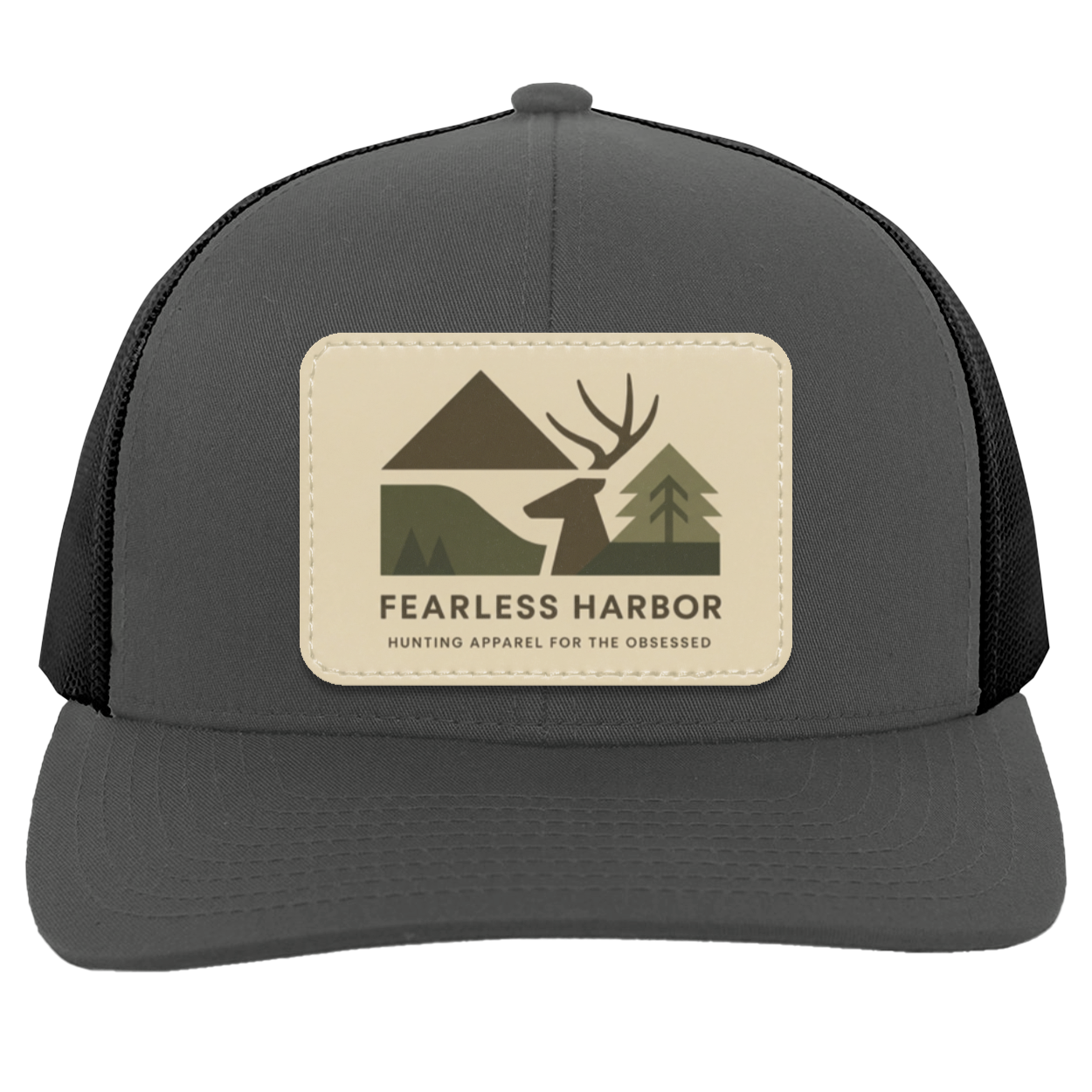 Graphite Black trucker hat showing Fearless Harbor buck patch on front panel.