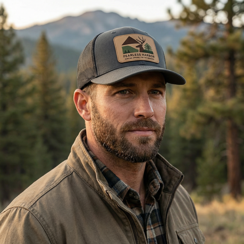 Graphite Black trucker hat worn in outdoor setting showing front patch, styled for hunting outdoors.