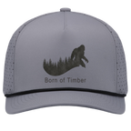Front view of graphite and black bigfoot hunting snapback cap featuring walking sasquatch silhouette over pine forest line.