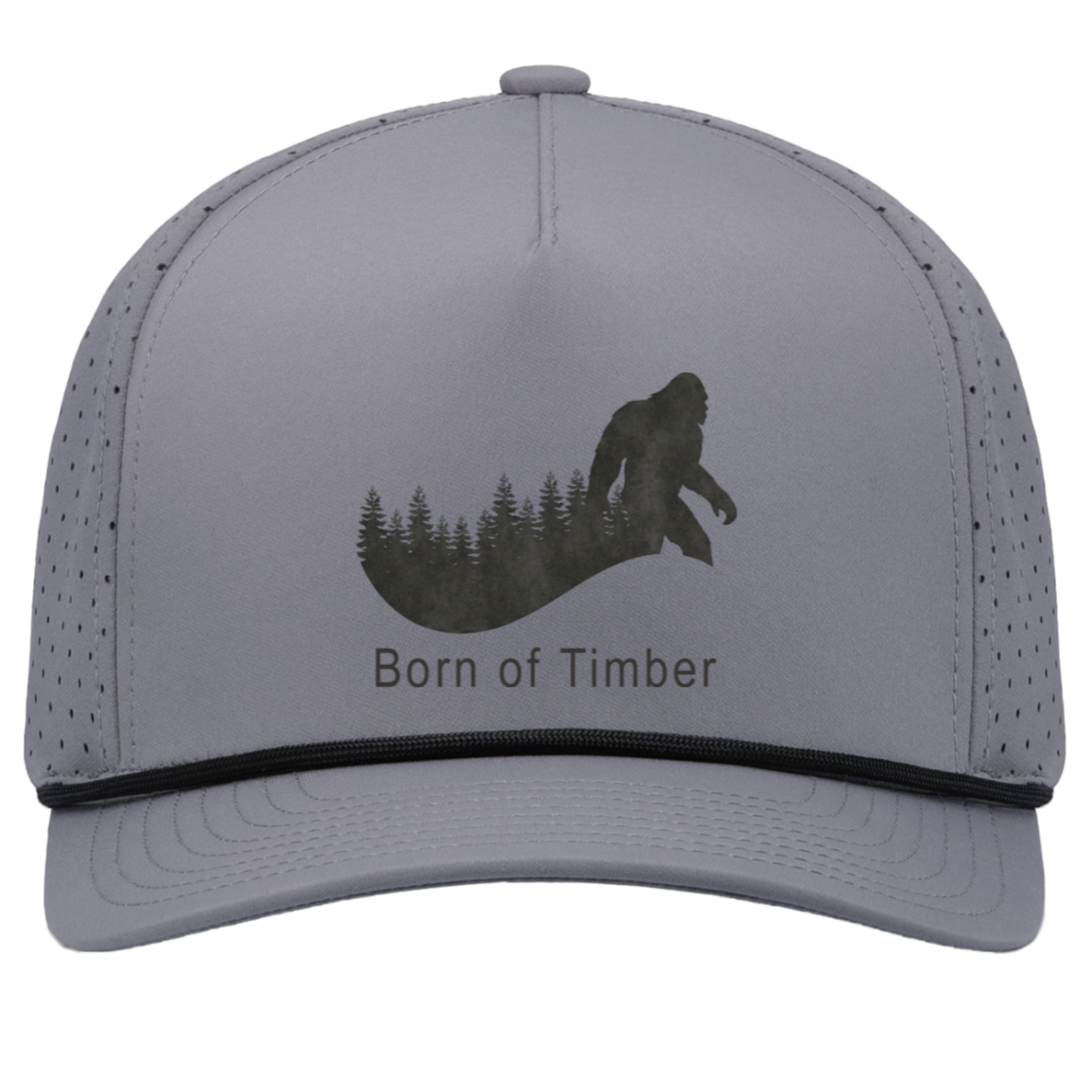 Front view of graphite and black bigfoot hunting snapback cap featuring walking sasquatch silhouette over pine forest line.