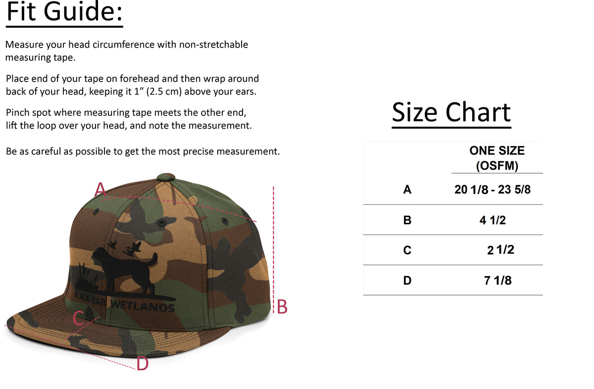 Black Lab Wetlands Duck Hunter Snapback size chart