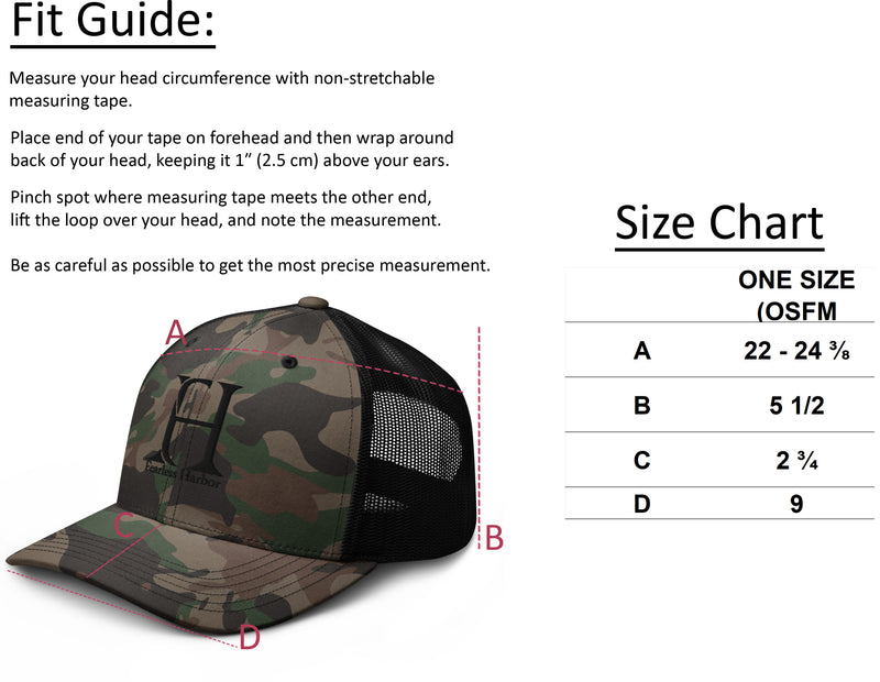 Size chart for Fearless Harbor Fearless Harbor Camouflage Trucker Hat