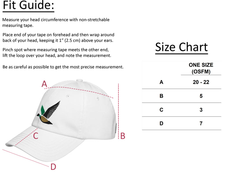 Size chart for Fearless Harbor Under Armour® Flying Duck Hat