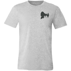 Front view of the Men’s He Was Here First Bigfoot Hunting Tee in Athletic Heather showing a small Bigfoot silhouette chest graphic with pine trees and Born of Timber text.