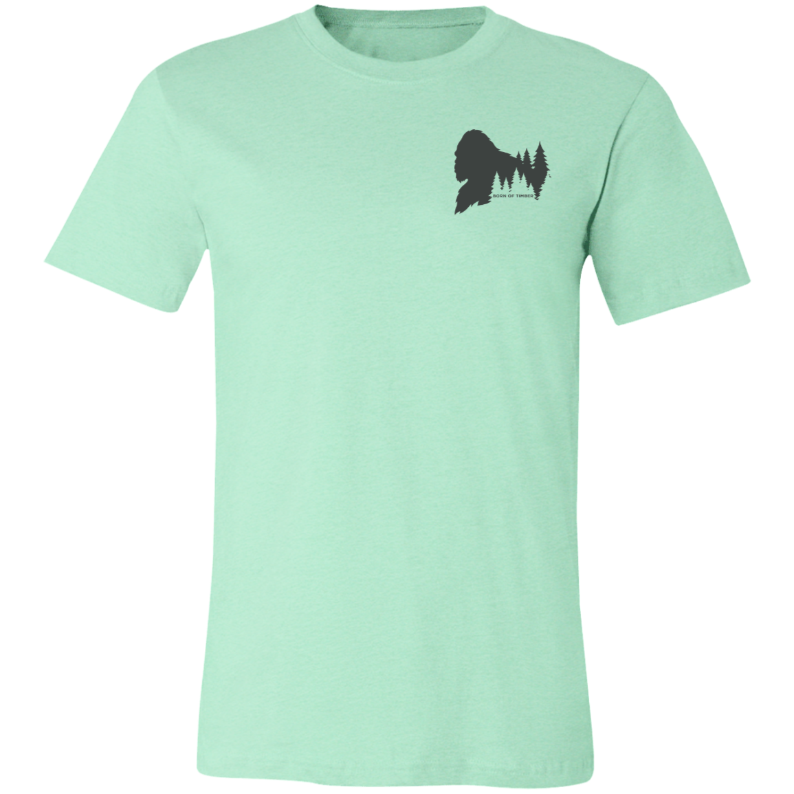 Front view of the Men’s He Was Here First Bigfoot Hunting Tee in Heather Mint showing a small Bigfoot silhouette chest graphic with pine trees and Born of Timber text.