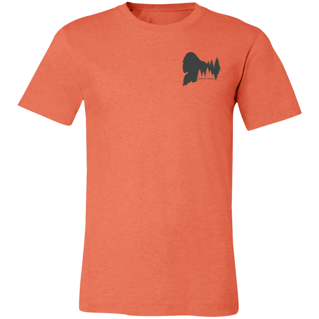 Front view of the Men’s He Was Here First Bigfoot Hunting Tee in Heather Orange showing a small Bigfoot silhouette chest graphic with pine trees and Born of Timber text.