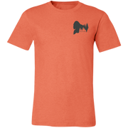 Front view of the Men’s He Was Here First Bigfoot Hunting Tee in Heather Orange showing a small Bigfoot silhouette chest graphic with pine trees and Born of Timber text.