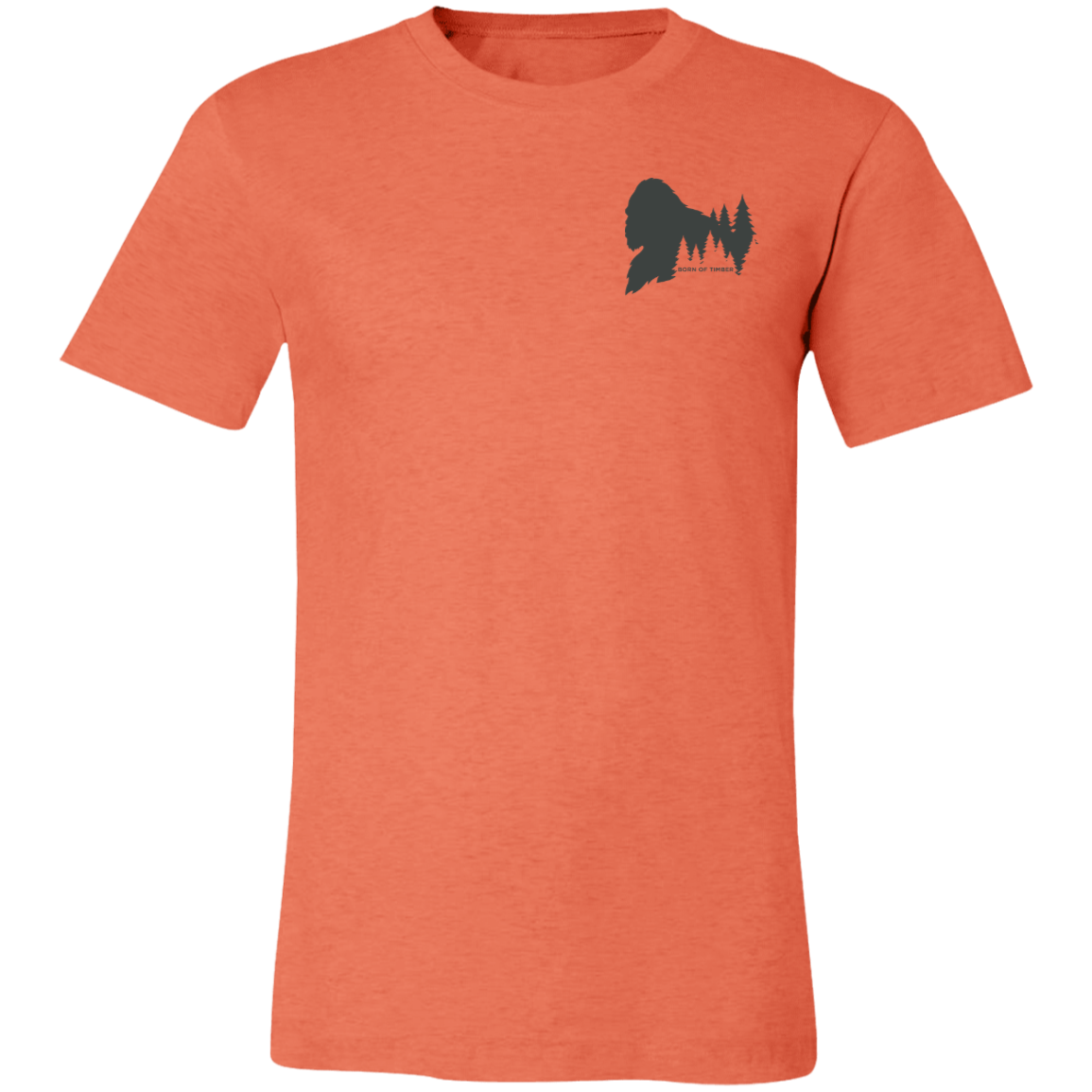 Front view of the Men’s He Was Here First Bigfoot Hunting Tee in Heather Orange showing a small Bigfoot silhouette chest graphic with pine trees and Born of Timber text.