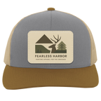 Heather Beige Amber trucker hat with Fearless Harbor buck patch displayed on front.