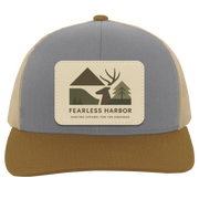 Heather Beige Amber trucker hat with Fearless Harbor buck patch displayed on front.