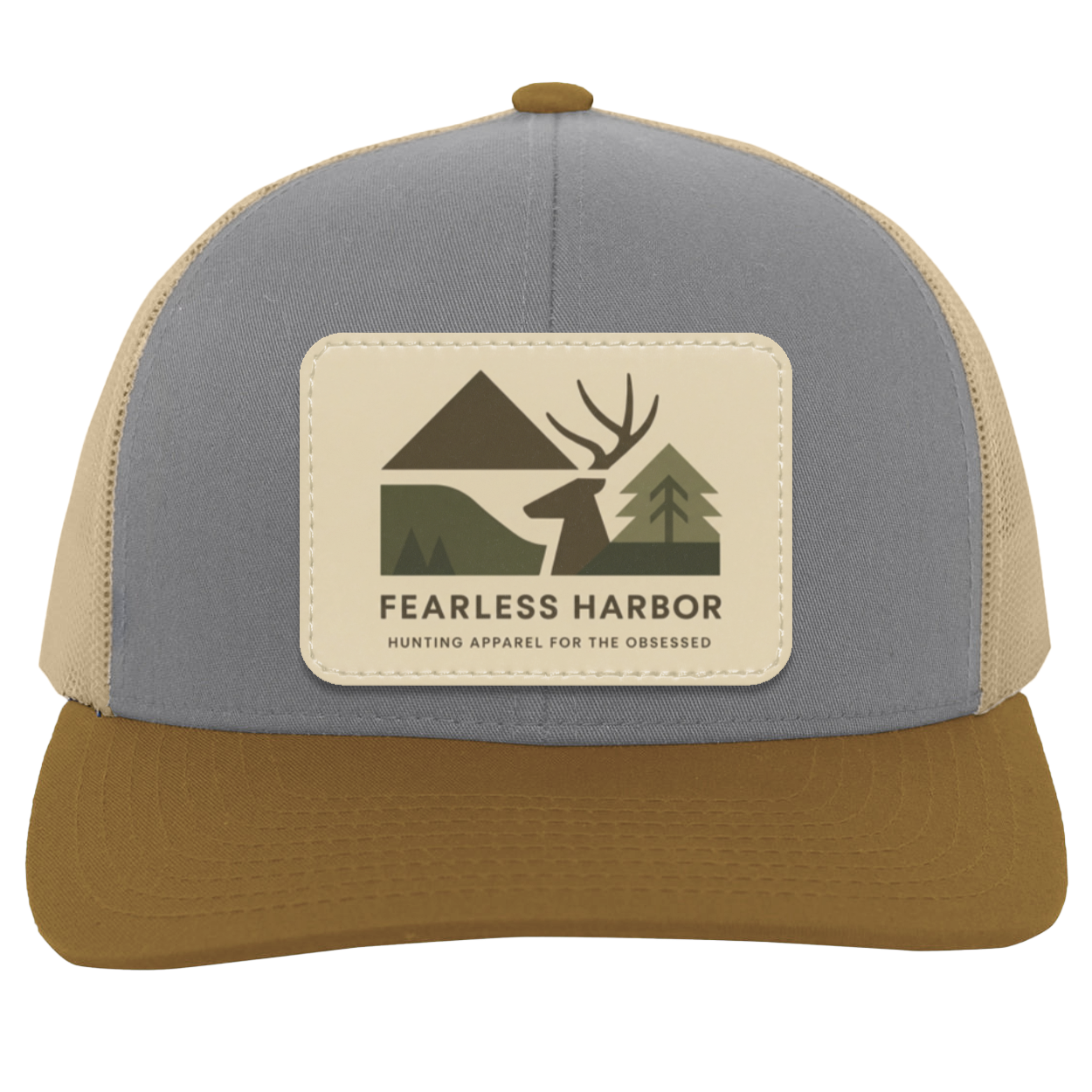 Heather Beige Amber trucker hat with Fearless Harbor buck patch displayed on front.