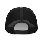 Back view of Heather Black trucker hat with mesh back and snap closure.