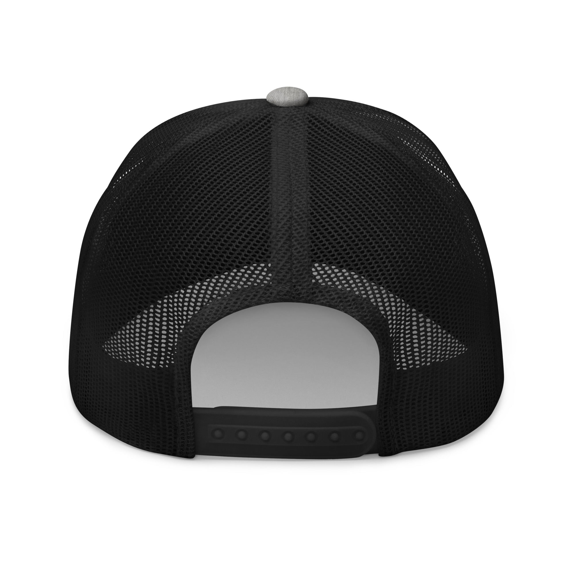 Back view of Heather Black trucker hat with mesh back and snap closure.