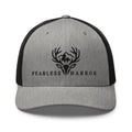 Heather Black trucker hat featuring embroidered Fearless Harbor whitetail logo centered on the front.
