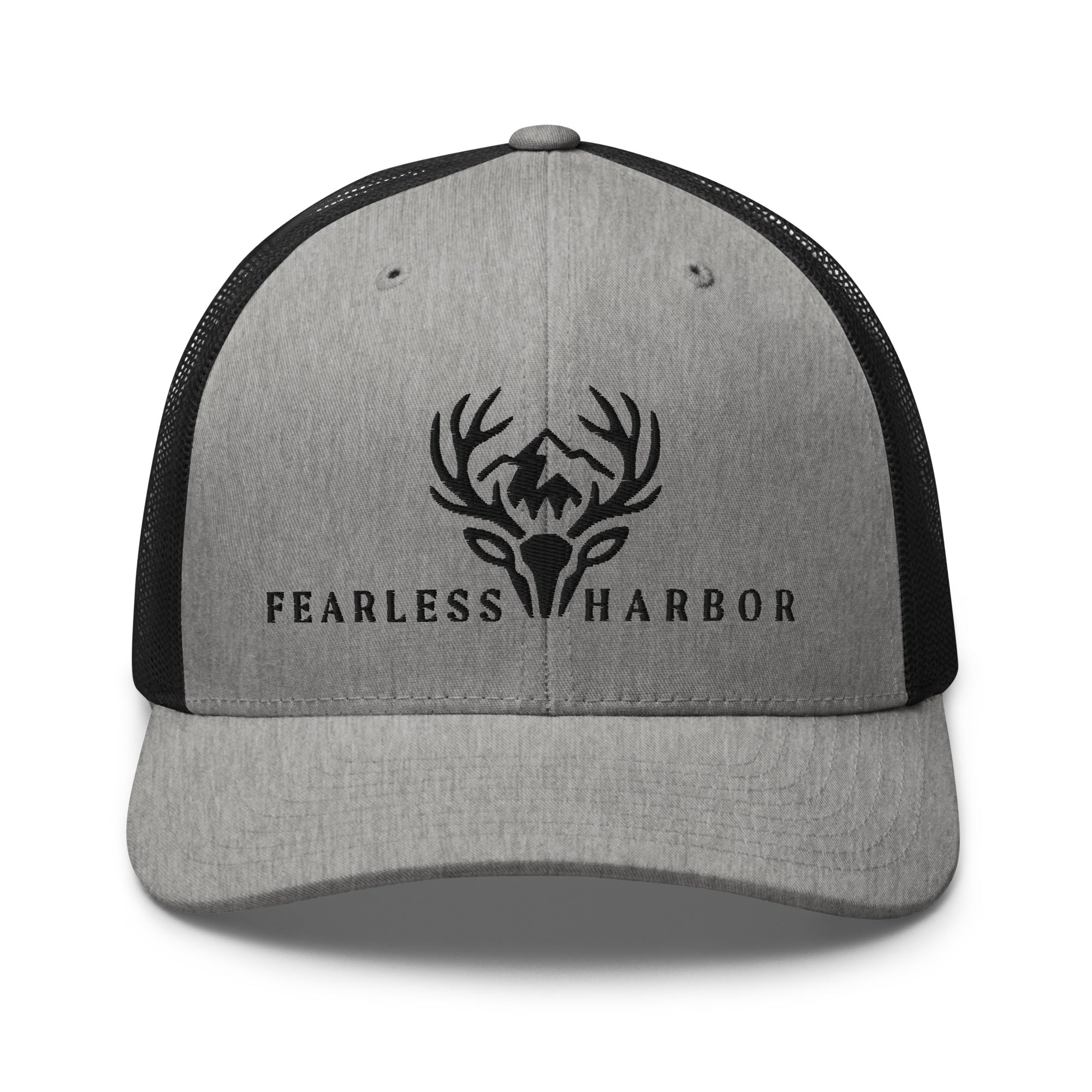 Heather Black trucker hat featuring embroidered Fearless Harbor whitetail logo centered on the front.