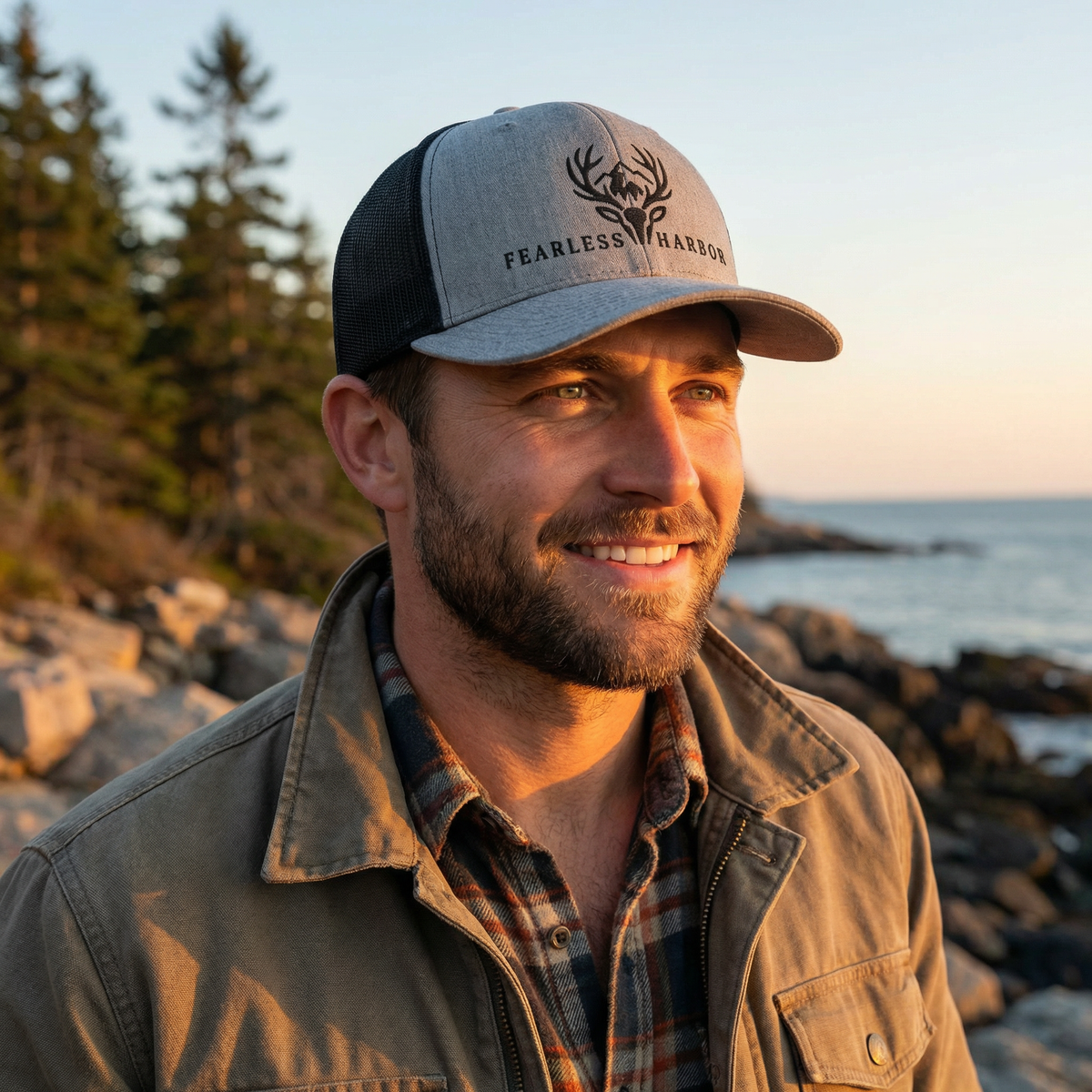 Heather Black Fearless Harbor trucker hat worn outdoors, front view highlighting the embroidered whitetail logo.