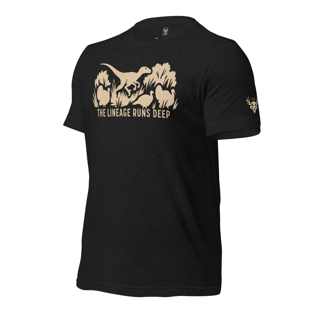 Left front view of the Heather Black Men’s Raptor Deep Roots Turkey Core Tee showing the small Fearless Harbor skull mark on the chest.