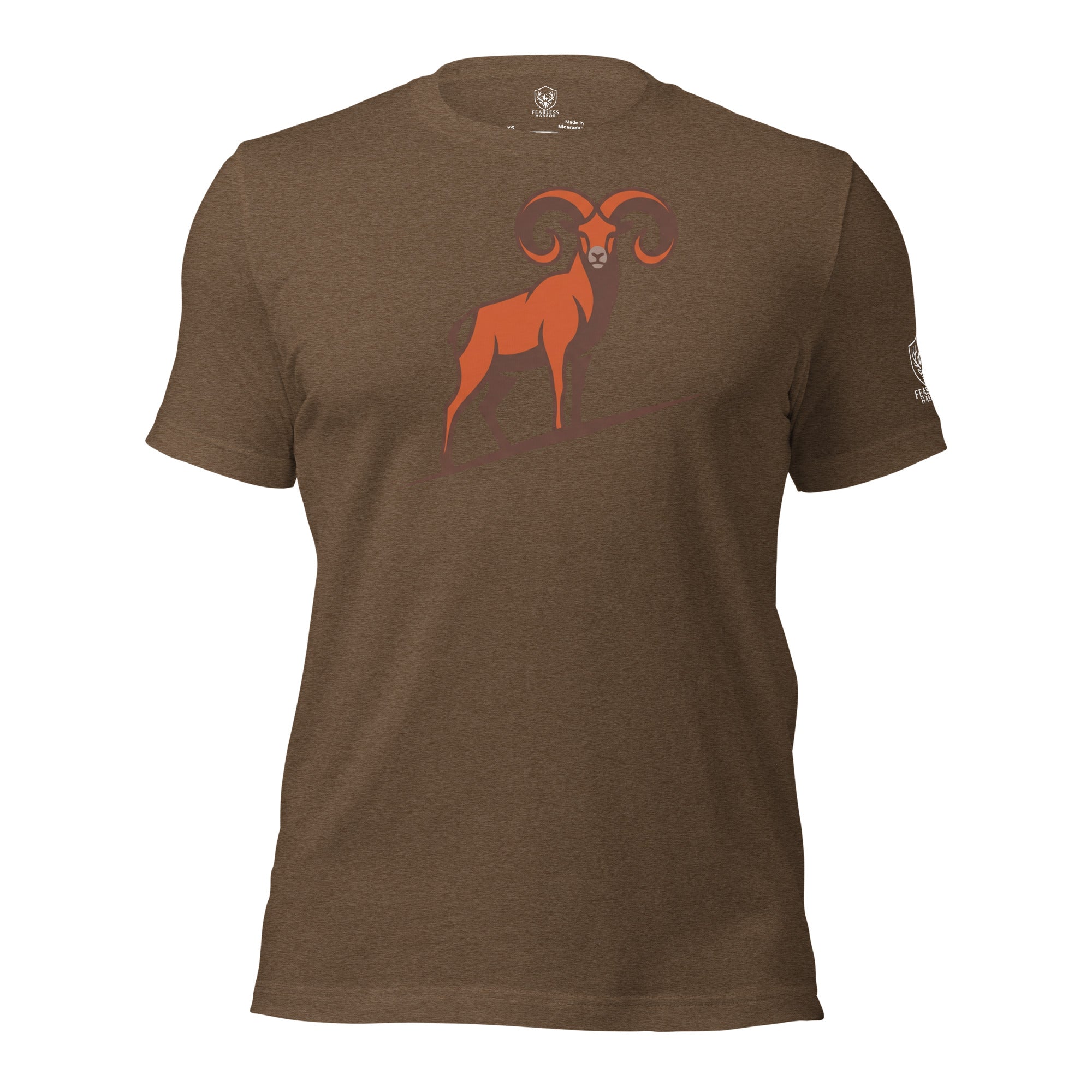 Front view of men’s heather brown hunting graphic tee featuring a full curl bighorn ram on a ridgeline.