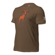 Front left angle of men’s heather brown bighorn sheep shirt highlighting the full curl ram mountain design.