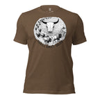 Heather Brown men’s hunting tee featuring a bison skull, also known as buffalo skull artwork, set in a rugged drift scene.