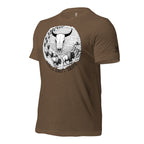 Front left view of Heather Brown men’s bison skull hunting graphic tee showing side profile and front artwork.