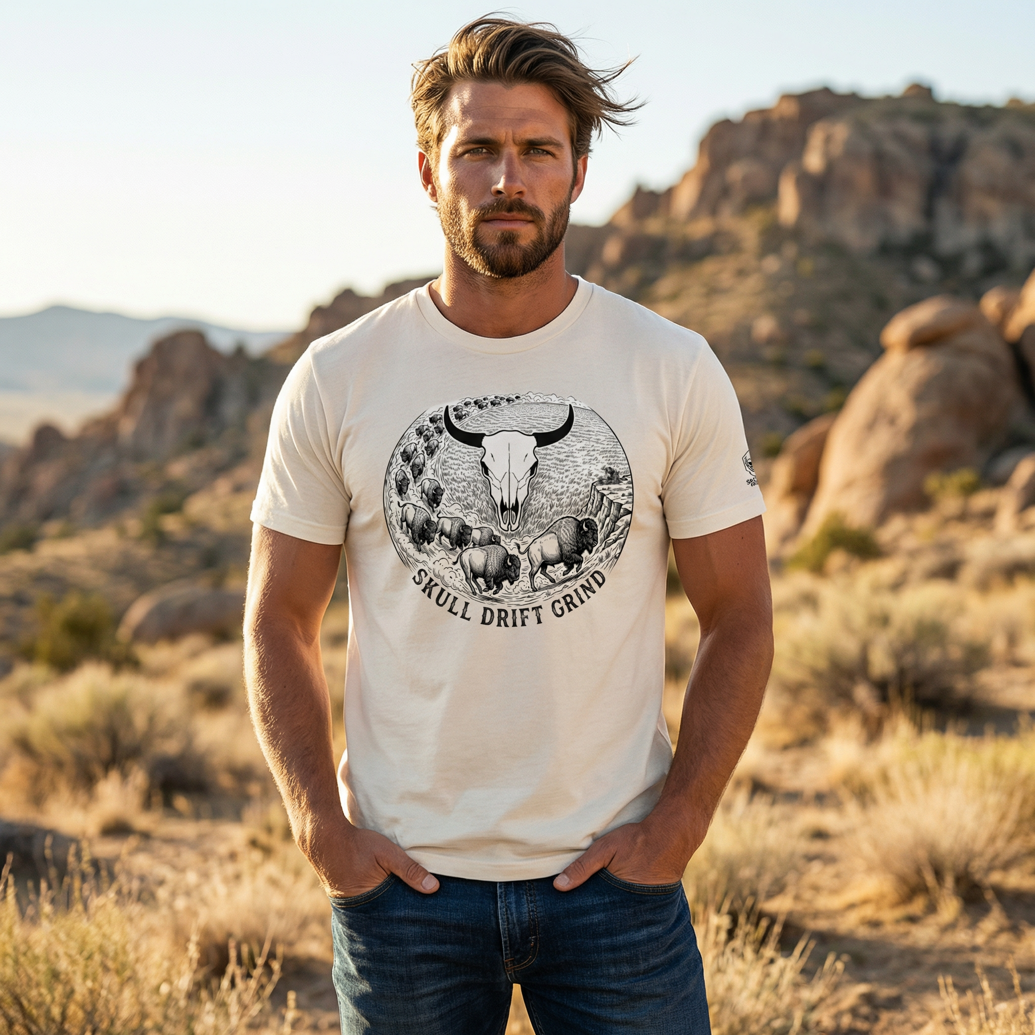 Heather Dust men’s bison skull and buffalo skull hunting tee worn outdoors, front view showing the drift scene graphic.