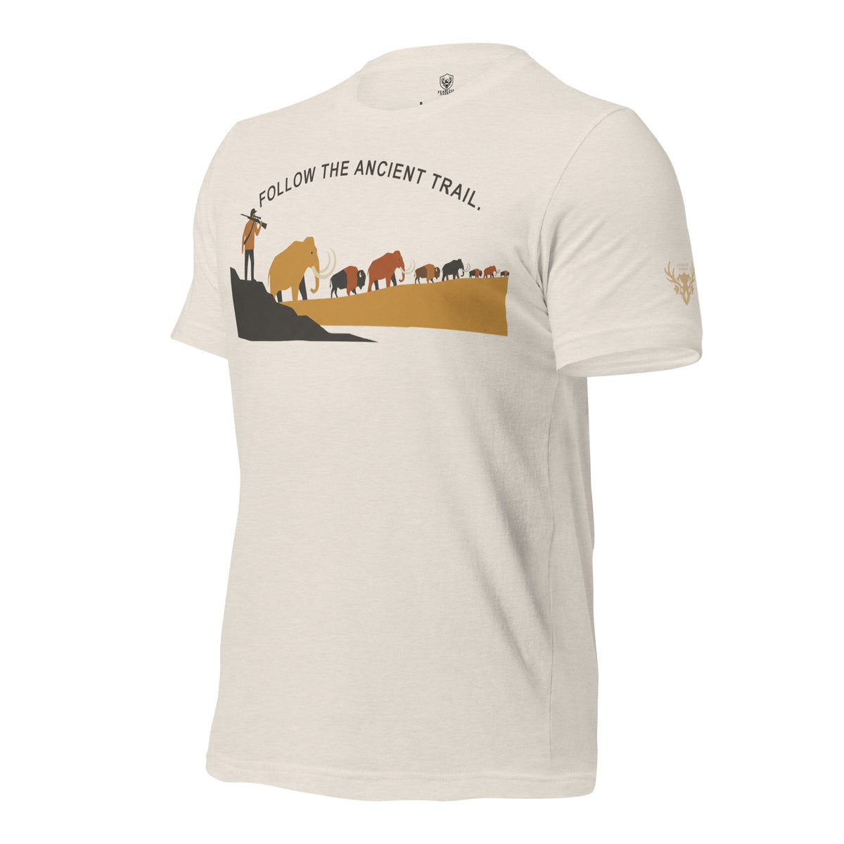Mens Heather Dust Follow the Ancient Trail Core Tee left front view with clean Fearless Harbor branding