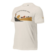Mens Heather Dust Follow the Ancient Trail Core Tee left front view with clean Fearless Harbor branding