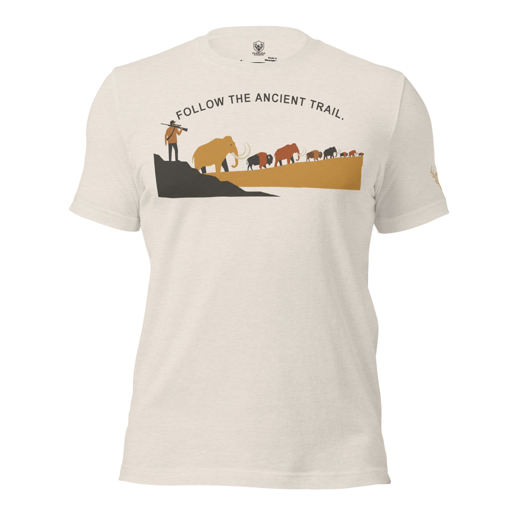 Mens Heather Dust Follow the Ancient Trail Core Tee featuring woolly mammoth and prehistoric bison migration artwork inspired by ancient trails