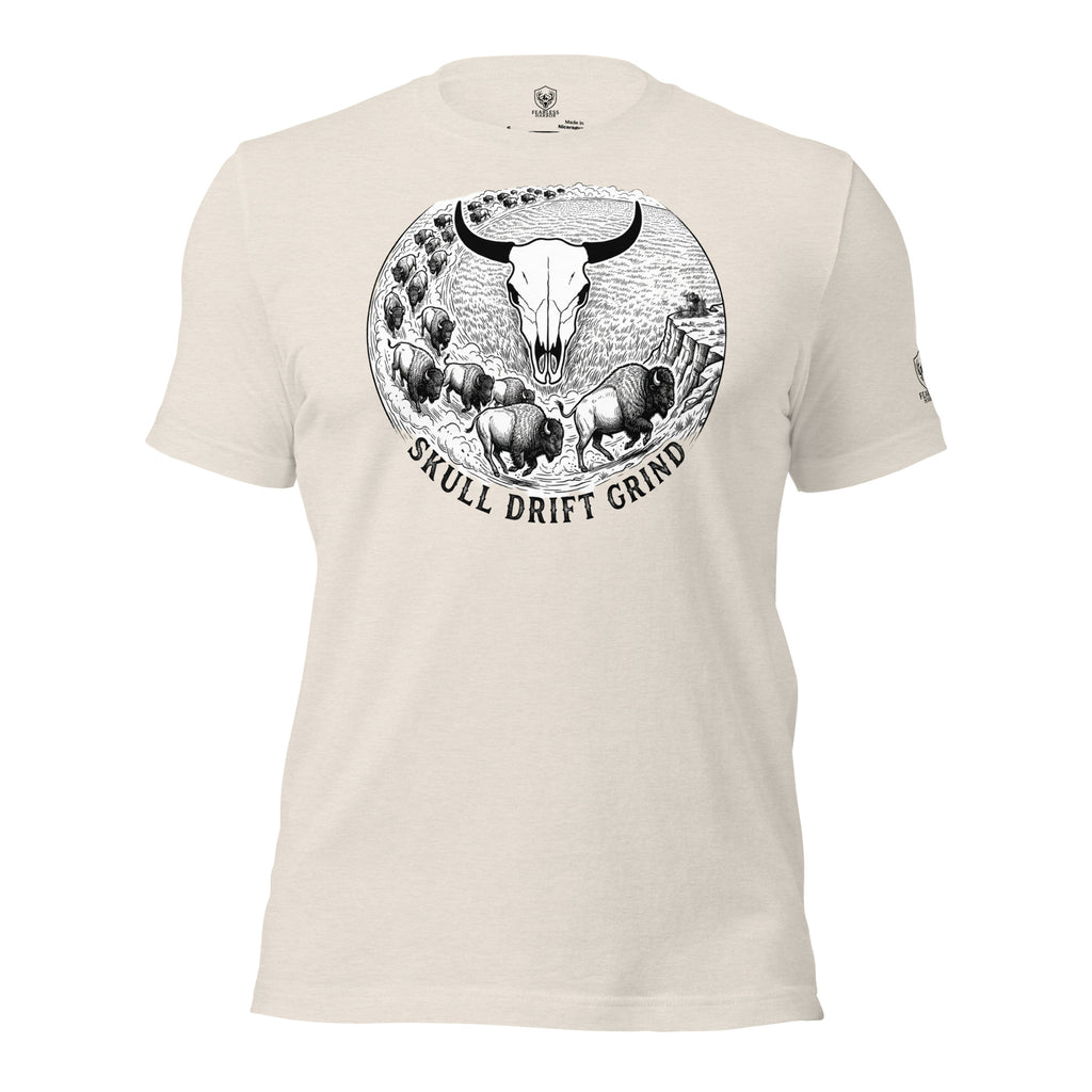 Heather Dust men’s hunting graphic tee featuring a bold bison skull, commonly searched as buffalo skull, in a circular drift scene.