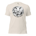 Heather Dust men’s hunting graphic tee featuring a bold bison skull, commonly searched as buffalo skull, in a circular drift scene.