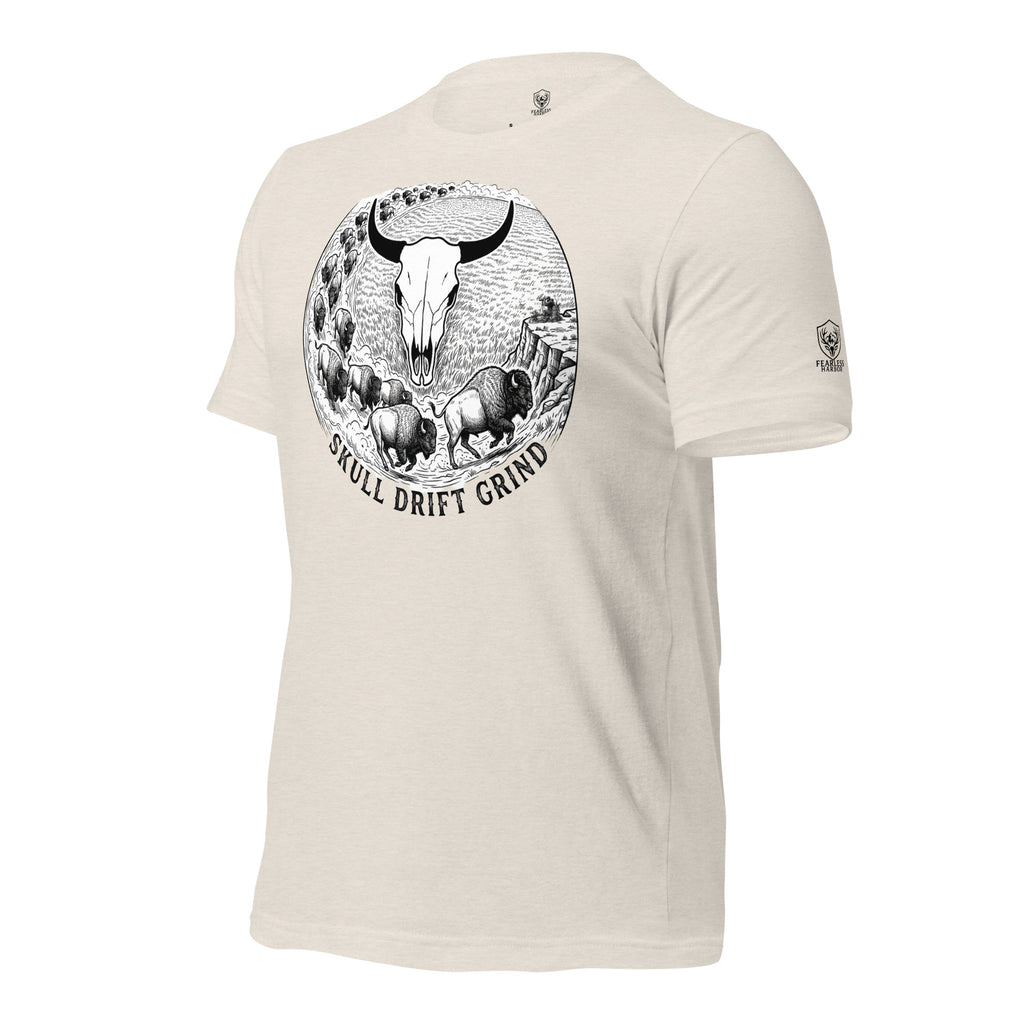 Front left view of Heather Dust men’s bison skull and buffalo skull hunting tee highlighting the drift scene artwork.