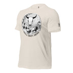 Front left view of Heather Dust men’s bison skull and buffalo skull hunting tee highlighting the drift scene artwork.